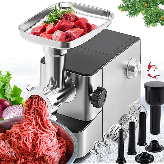 Huanyu Meat Grinder Electric 3200W Max Power, Built-in Storage, Heavy Duty, 2 Blades, 3 Plates, Sausage Tubes and Kubbe Kit #10 Outlet for Home Use