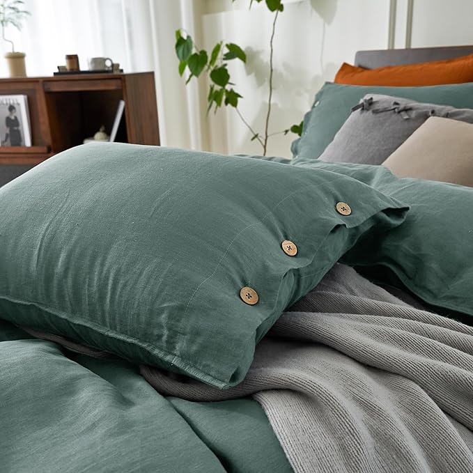 EVERLY 100% Pure Linen Duvet Cover Set King Size 104X90Inch 3pcs (1 Duvet Cover,2 Pillowcases) Soft and Breathable for All Season with Coconut Button Closure, Suitable for Hot Sleepers-Aqua-King