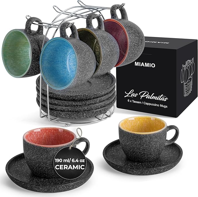 MIAMIO – 6.4 Ounce Ceramic Stackable Cappuccino Cup with Saucers and Metal Stand – Set of 6 Stoneware Cappuccino Mug Set for Specialty Coffee Drinks, Americano, Latte – Las Palmitas Collection