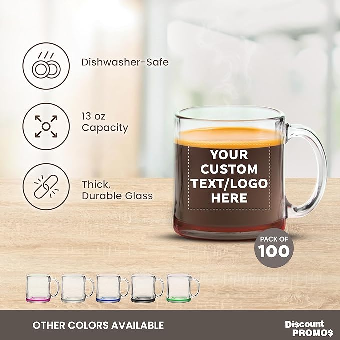 Custom Libbey Clear Glass Coffee Mugs 13 oz. Set of 100, Personalized Bulk Pack - Perfect for Coffee, Tea, Espresso, Hot Cocoa, Other Beverages - Red Bottom