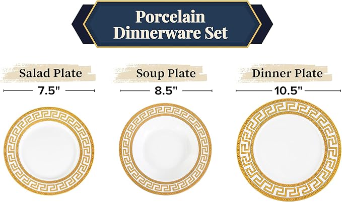 Porcelain Dinnerware Set for 4-12 Piece Gorgeous Dish Set - Gold Greek Key Inspired Design - Kitchen Set for Everyday Dishes or Formal Occasions (Meander Gold 12DIN)