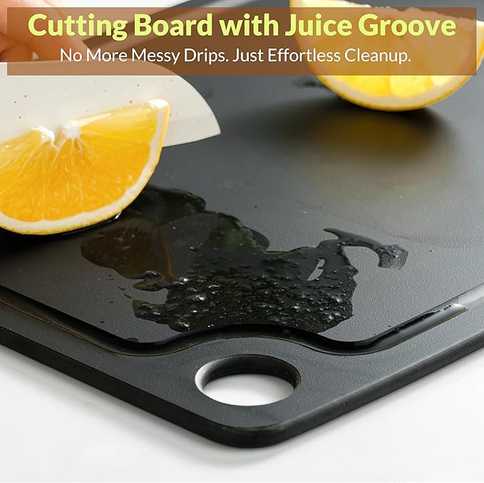 Cutting Board for Kitchen, 11.8x9.3Inch Wood Fiber Composite Cutting Board with Juice Groove and Non-slip Feet, Dishwasher Safe, Knife-Friendly Chopping Board for Meat, Bread, Fruit, Black