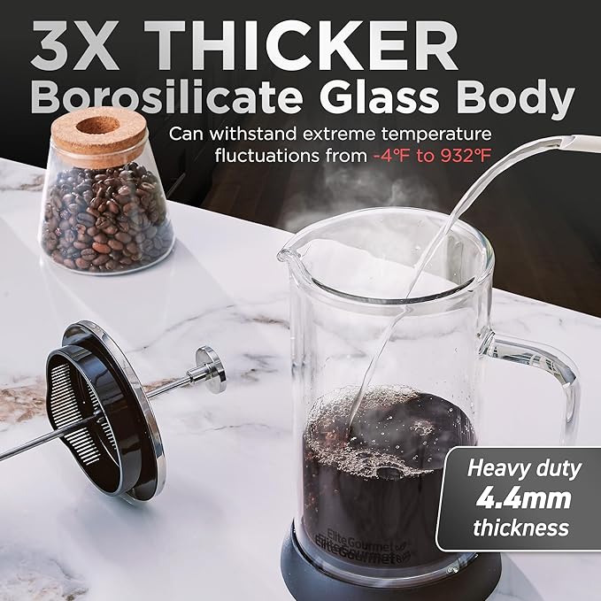 Elite Gourmet FP1223 1 Liter French Press Coffee Maker, Double Wall Insulated Borosilicate Glass Carafe, Dishwasher Safe Stainless Steel Filter/Plunger Assembly, Removable Silicone Base, Easy to Clean