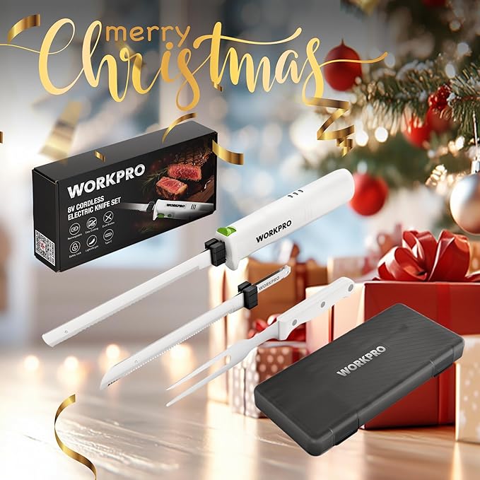 WORKPRO Electric Knife for Meat Slicing, Cordless Electric Carving Knife for Turkey, Fish & Bread, Two Stainless Steel Blades, Ergonomic Handle, Storage Case & Serving Fork Included, White