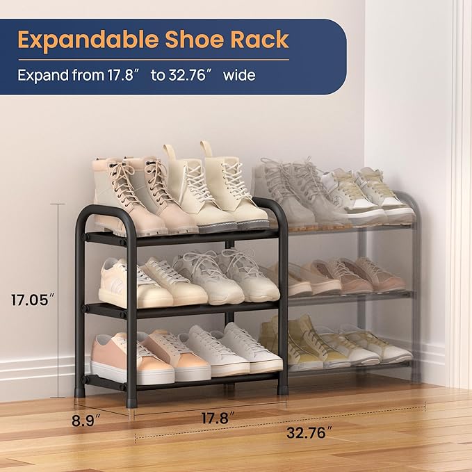 ENJOYBASICS Expandable Shoe Rack, 3 Tier Adjustable Shoe Organizer Shelf for Closet, Black Metal Free Standing Shoe Rack Storage for Small Space, Entryway