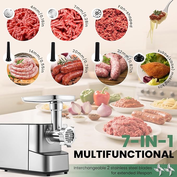 Huanyu Meat Grinder Electric 3200W Max Power, Built-in Storage, Heavy Duty, 2 Blades, 3 Plates, Sausage Tubes and Kubbe Kit #10 Outlet for Home Use