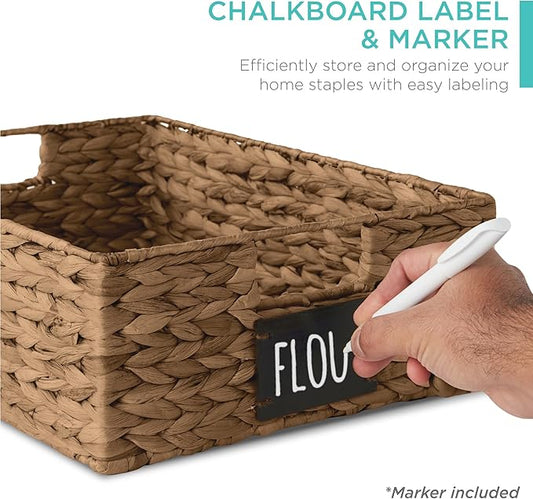 Best Choice Products Set of 4 16x12in Large Water Hyacinth Pantry Baskets, Woven Organizers w/Chalkboard Label, Chalk Marker - Chestnut