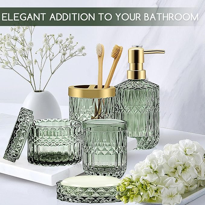 Green Bathroom Accessories Set, 5 Pcs Vintage Diamond Clear Glass Bathroom Set Include Lotion Soap Dispenser, Soap Dish, Toothbrush Holder, Tumbler, Cotton Swab Jar for Modern Bath Countertop Decor