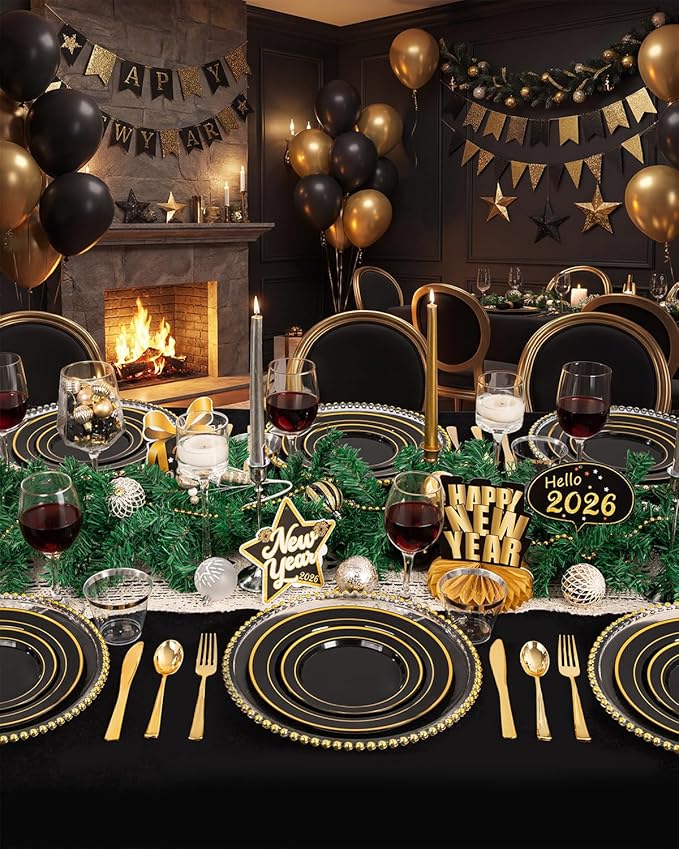 bUCLA 150 Pieces Black and Gold Disposable Dinnerware Set - 25 Guests Black Gold Plastic Plates Include 25 Dinner & 25 Dessert Plates, 25 Spoons, 25 Forks, 25 Knives, 25 Cups for Party & New Year
