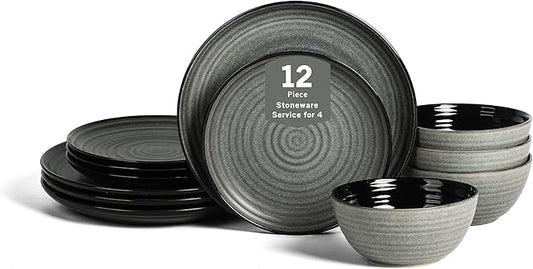 Stone Lain Dua 12-Piece Dinnerware - Stoneware, Plate and Bowls, Dishwasher and Microwave Safe, Dish Set for 4, Black