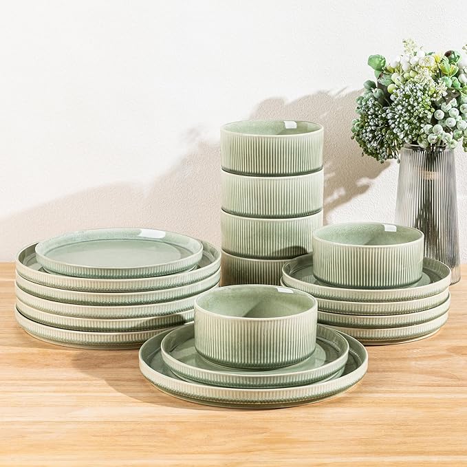 GBHOME Stoneware Dinnerware Sets for 8,Round Reactive Glaze Ceramic Plates and Bowls Set,Highly Scratch Resistant | Dishwasher & Microwave Safe Dishes Set,Service for 8(24pcs)，Olive Green