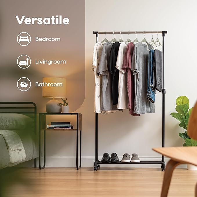 IRIS USA Clothes Rack, Portable Single-Rod Height Adjustable with Lockable Wheels, Rolling Garment Rack, Single Rod Wardrobe Rack, Easy Assemble, for Clothes, Belts, Shoes, and Bags