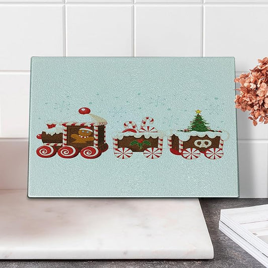 Ambesonne Christmas Cutting Board, Train Gingerbread Cream Candy Cartoon Toys Snowflakes Presents, Decorative Tempered Glass Cutting and Serving Board, Small Size, White Brown Vermilion