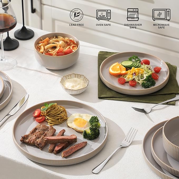 Frewinky Ceramic Dinnerware Sets for 1, Round Reactive Glaze Porcelain Plates and Bowls Sets, Scratch Resistant Modern Dishes Set, Dishwasher & Microwave Safe, Service for 1-Gray