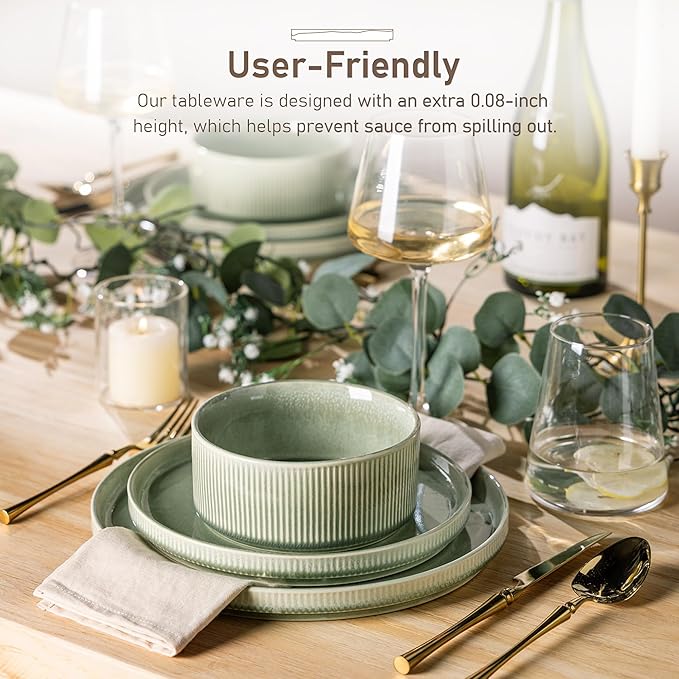 GBHOME Stoneware Dinnerware Sets for 6,Round Reactive Glaze Ceramic Plates and Bowls Set,Highly Scratch Resistant | Dishwasher & Microwave Safe Dishes Set,Service for 6(18Pcs)，Olive Green