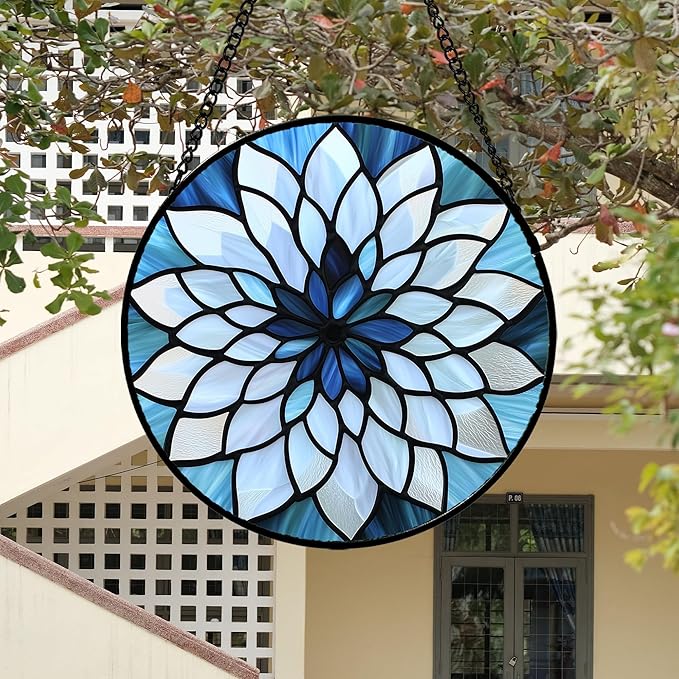 Stained Glass Suncatcher, Blue White Multi-Petal Flowers Sun Catcher Landscape Stain Glass Window Hanging Decoration Mother's Day Birthday Gifts for Women Men Mom Nana 11.8 in