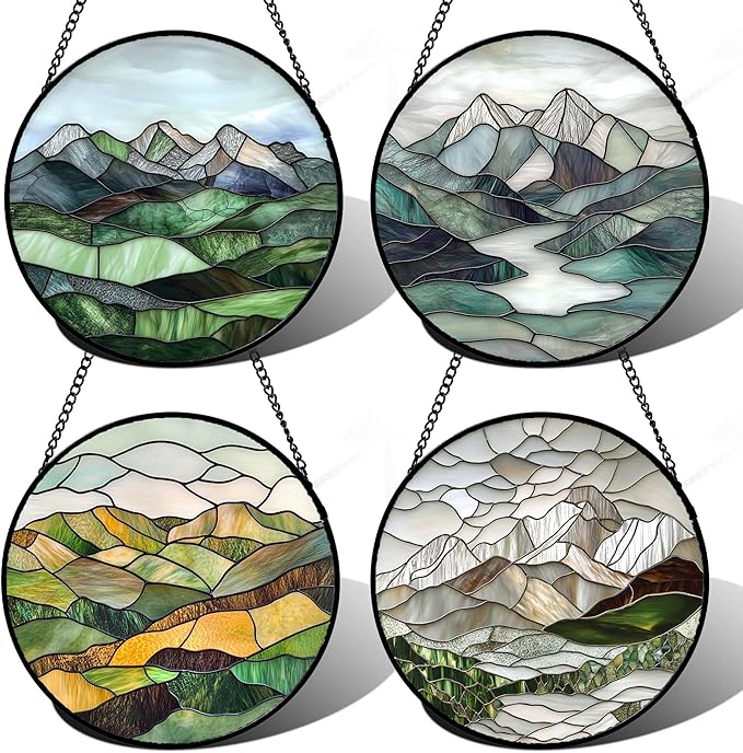 Stained Glass Window Hanging 4 Pcs Set Mountain River Landscape 6.3" - Suncatcher Door Garden Sun Catcher Decor Birthday Mother's Day for Mom Woman Nana Girl Boy Friend