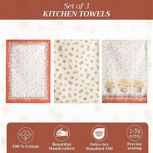 Maison d' Hermine Kitchen Towels Set of 3 100% Cotton 20" x 27.5" Reusable Cloth Tea Dish Towels Absorbent with Hanging Loop for Kitchen Dining Thanksgiving Christmas Decorations (Bagatelle)