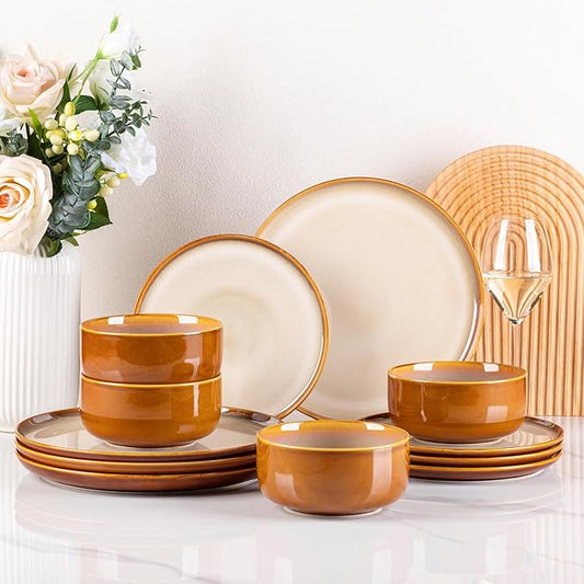LERATIO Ceramic Dinnerware Sets for 4,12 Pieces Poreclain Plates and Bowls Sets,Scratch Resistant Dishes,Dishwasher & Microwave Safe,Oven Safe Dishes Set,Service for 4-Kahki