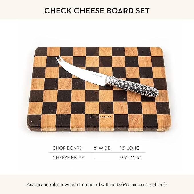 MACKENZIE-CHILDS Check Cheese Board Set, Wooden Cheese Board and Cheese Knife Set, 8- by 12-Inch Cutting Board with Knife