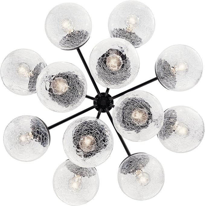 KICHLER Silvarious 12-Light Convertible Chandelier, Soft Modern Light with Clear Crackled Glass in Black, for Dining Room, Living Room, Bedroom or Foyer (22.25" x 30"), 52701BK