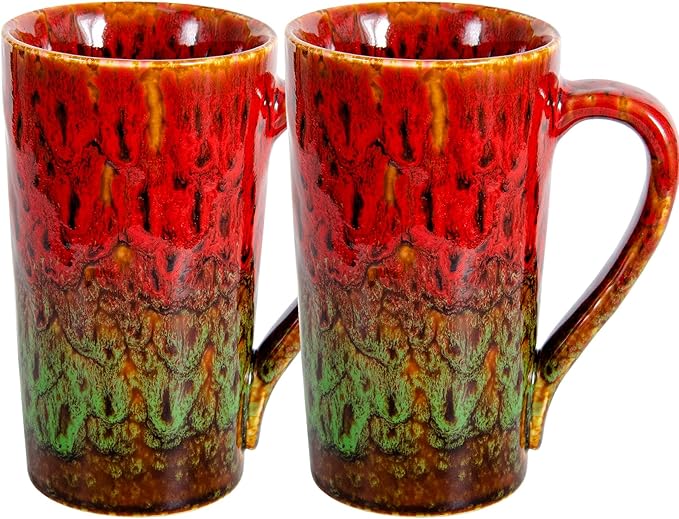 20oz Porcelain Coffee Mugs Set of 2, Large Tall Coffee Mugs with Handles, Modern Ceramic Coffee Cups for Coffee, Tea, Cocoa, Milk, Gifts for Women Men - Red & Green
