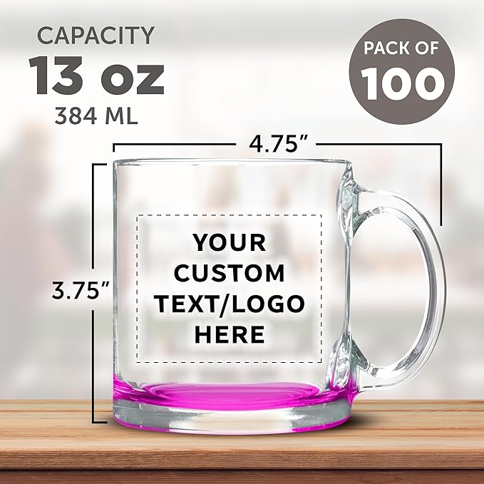 Custom Libbey Clear Glass Coffee Mugs 13 oz. Set of 100, Personalized Bulk Pack - Perfect for Coffee, Tea, Espresso, Hot Cocoa, Other Beverages - Pink Bottom