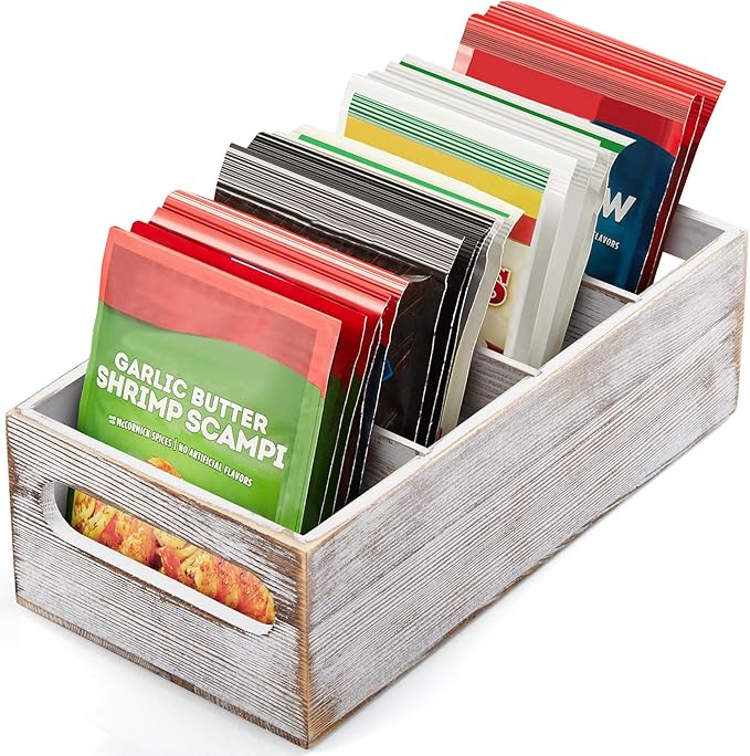 DRASTAR Pantry Organization and Storage Bins, Wooden Seasoning Packet Organizer with Removable Dividers, Retro White Storage Caddy for Kitchen, Pantry, Cabinet, Countertop