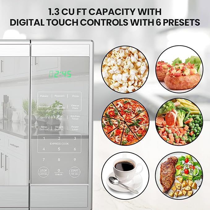 Total Chef 1.3 Cu Ft Microwave Oven – Compact Countertop Kitchen Appliance, Small Stainless Steel Microwave with Digital Touch, Pre-Set Functions, 12.8” Turntable, 1100 Watt