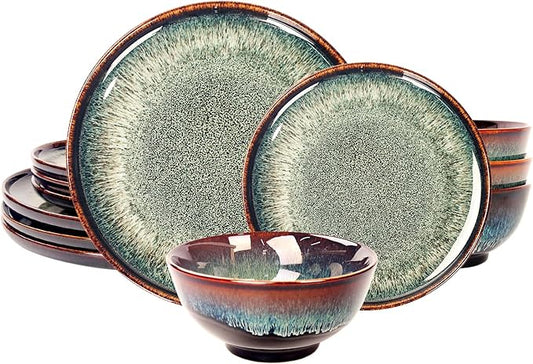 Dinner Set 12 Pieces - Round Reactive Glaze Tableware - Kitchen Dinnerware Porcelain Crockery with Dinner Plate, Bowl and Soup Plate Service for 4, Microwave Dishwasher Safe, Set (No.1)