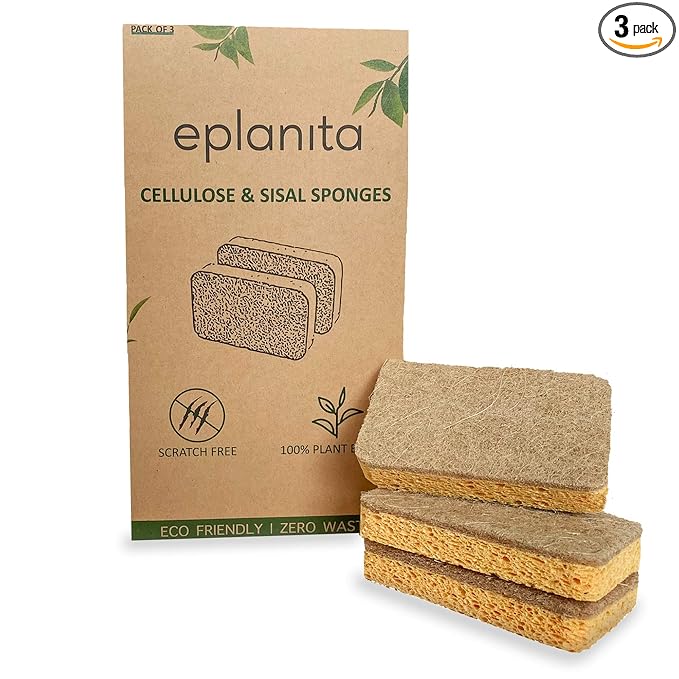 eplanita Natural Plant Based Scrub Sponges (3 Pack), Non-Scratch, Biodegradable Eco Scourers for Kitchen and Bathroom