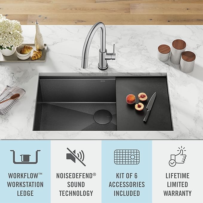 DELTA FAUCET Delta Rivet 32 Inch Black Stainless Steel Undermount 16 Gauge Workstation Kitchen Sink Single Bowl in PVD Gunmetal Finish with WorkFlow Ledge and Accessories, 95B9031-32S-GS