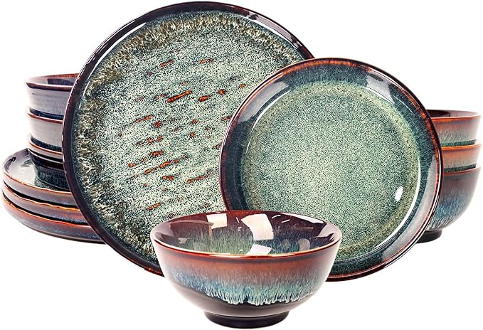 Dinner Set 12 Pieces - Round Reactive Glaze Tableware - Kitchen Dinnerware Porcelain Crockery with Dinner Plate, Bowl and Soup Plate Service for 4, Microwave Dishwasher Safe, Set (No.4)
