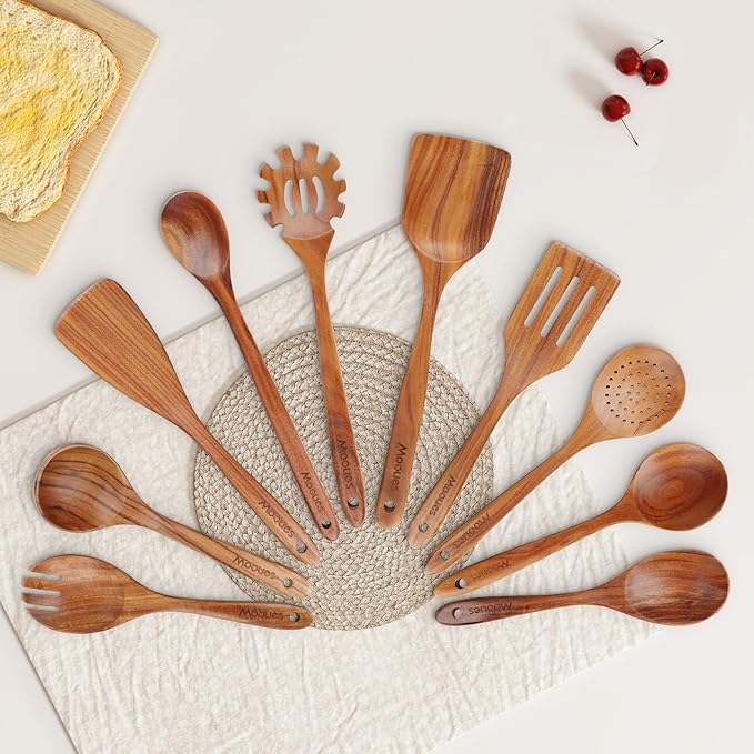 Wooden Spoons for Cooking, Wooden Utensils for Cooking Natural Teak Wooden Kitchen Utensils Set Comfort Grip (10 PCS SET)