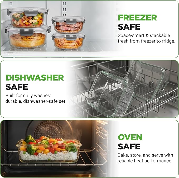 NutriChef Superior Glass Food Storage Containers - 24-Piece Stackable Glass Meal-prep Containers w/Newly Innovated Hinged BPA-Free 100% Leakproof Locking Lids - Freezer-to-Oven-Safe NCGLGY (Gray)