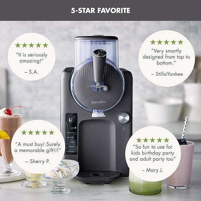 GreenPan Frost Ice Cream Maker & Slushie Machine, Soft Serve, Sorbet, Margaritas, Milkshakes, Frozen Yogurt, No Pre-Freezing, Ready in 15 Mins, 6 Modes, 7 Textures, Self-Cleaning, Family Size, Gray