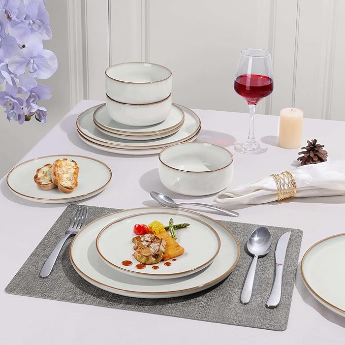 Herogo 18 Pieces Stoneware Dinnerware Dishes Sets for 6, Kitchen Handmade Dining Plates and Bowls Sets, Double Reactive Glaze, Microwave & Dishwasher Safe, Scratch Resistant, Ivory White