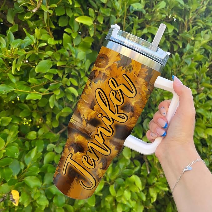 Personalized Sloth 40oz Tumbler with Handle and Straw Gifts for Women Girl, Sunflower Sloth Gifts For Animal Lovers, Birthday Christmas Gift Idea, Custom Name Stainless Steel Travel Cup