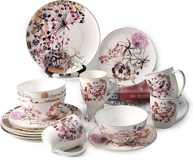 Purple Plates and Bowls Sets Dishes Set for 4, Ceramic Plates and Bowls Set, Service for 4, Bone China Dinnerware Set Salad Dessert Plates, and Cereal Bowls Set, Microwave safe by KOKEN