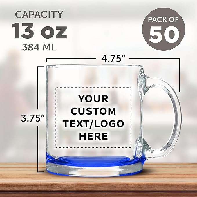 Custom Libbey Clear Glass Coffee Mugs 13 oz. Set of 50, Personalized Bulk Pack - Perfect for Coffee, Tea, Espresso, Hot Cocoa, Other Beverages - Blue Bottom