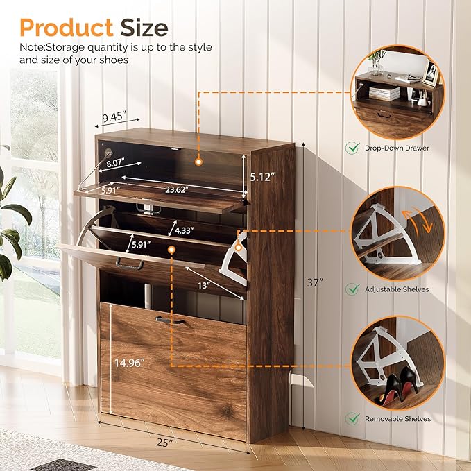 VINGLI Shoe Cabinet Storage for Entryway Ultra Slim with 2 Flip &1Drop-Down Drawers, 24.8" W Narrow Shoe Cabinet for Front Door Entrance,Freestanding Walnut Wood Shoes Organizer for Hallway