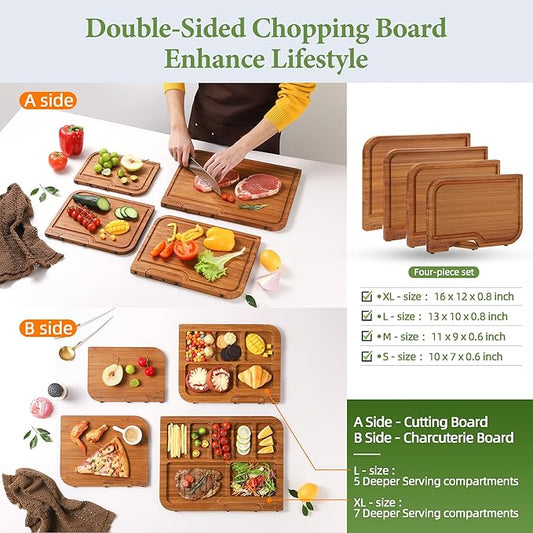 4-PCS Bamboo Cutting Board Set, Wood Cutting Board for Kitchen with Innovative Stand, Juice Groove & Handle, Double Sided for Chopping & Charcuterie Board, Kitchen Gift for Home Cooks, For Meat &Fruit
