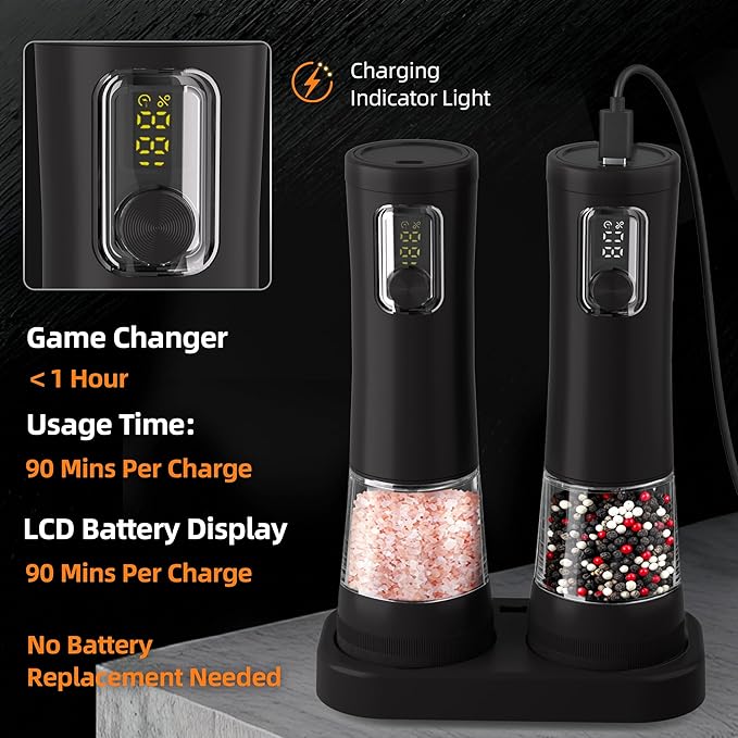 Electric Salt and Pepper Grinder, Rechargeable Automatic Pepper Mill with Base,5-Level Adjustable Coarseness, Display, LED Lighting, Large Capacity-Ideal for Kitchen, BBQ Gifts (1, Black-A)