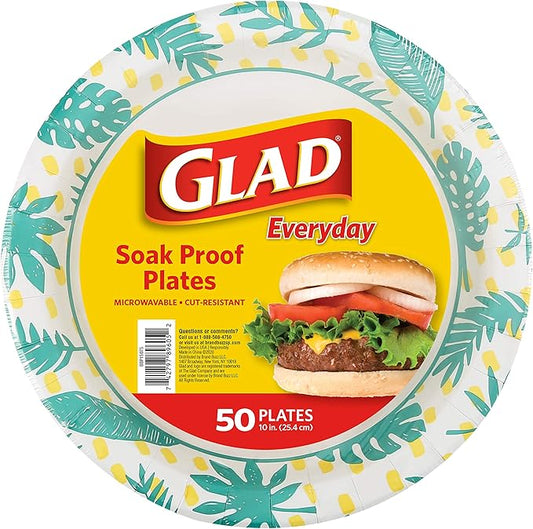 Glad Round Disposable Paper Plates, Palm Leaves Pattern - Strong, Sturdy, Soak Proof, and Microwavable Decorative Plates for Dinner and Everyday Use, 10 Inch, 50 Count