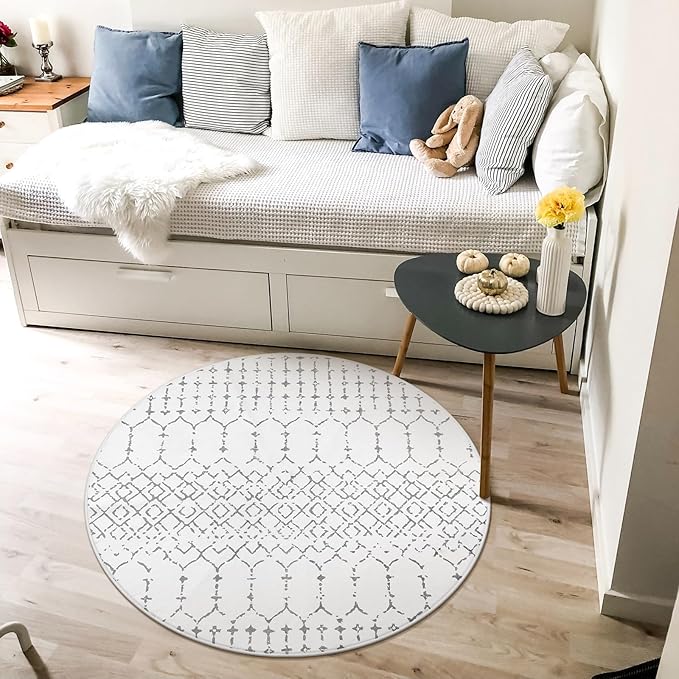 Lahome Moroccan Round Area Rug - 3Ft Round Rug Non-Slip Washable Soft Round Bathroom White Throw Small Circle Rug for Bedroom, Modern Geometric Print Low-Pile Round Rugs for Entryway Kitchen Sofa
