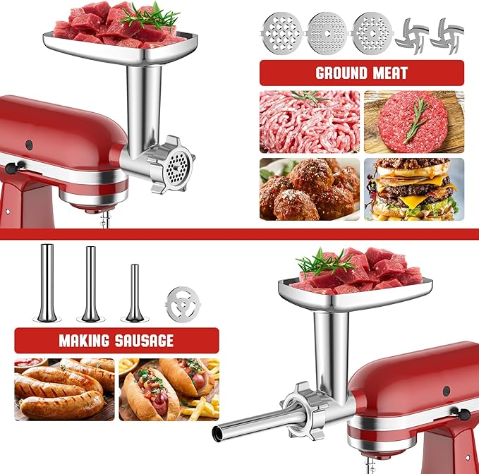 Meat Grinder & Cheese Grater Attachment for KitchenAid Stand Mixer, Meat Grinder with Sausage Stuffer Tubes, Slicer Shredder Attachments, Food Grinder for KitchenAid Mixer Attachments
