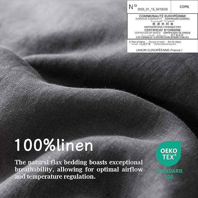 EVERLY 100% Pure Linen Duvet Cover Set Oversized King120X98Inch 3pcs (1 Duvet Cover,2 Pillowcases) Soft and Breathable for All Season with Coconut Button Closure, Suitable for Hot Sleepers-Dark Grey