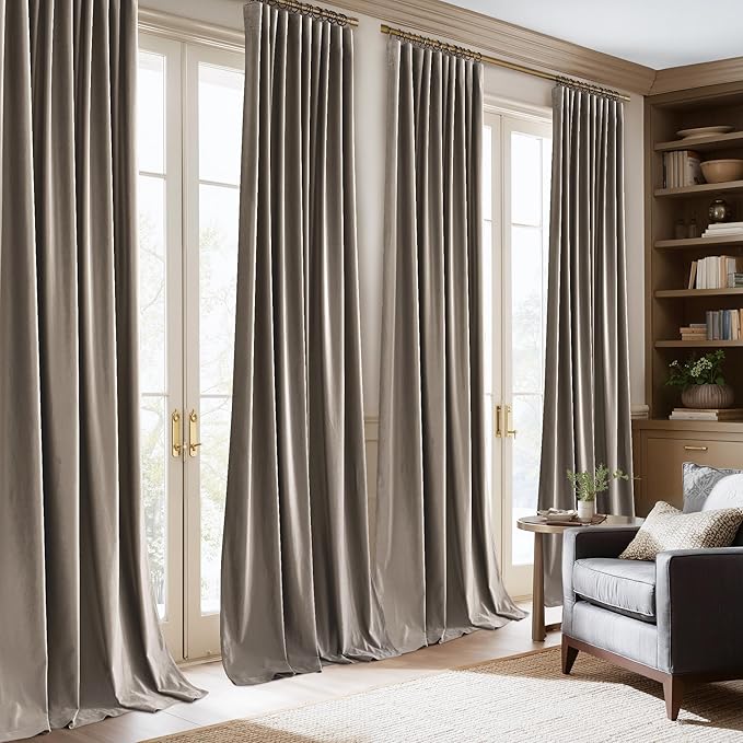 NICETOWN Taupe Blackout Velvet Curtains for School 84 inch Long 2 Panels 52" Width, Pleat Tape with Back Tab Room Darkening Thermal Insulated Privacy Protection Modern Drapes for Living Room, Bedroom