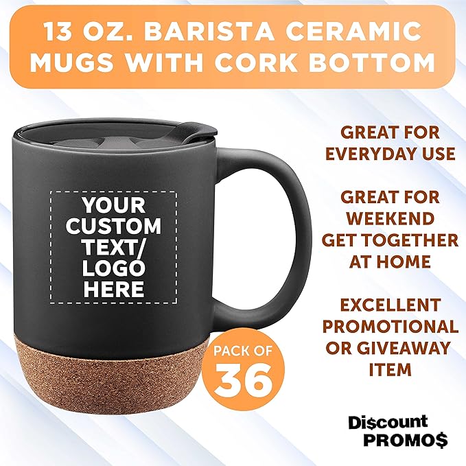 Custom Barista Ceramic Mugs with Cork Bottom 13 oz. Set of 36, Personalized Bulk Pack - Perfect for Coffee, Tea, Espresso, Hot Cocoa, Other Beverages - Black