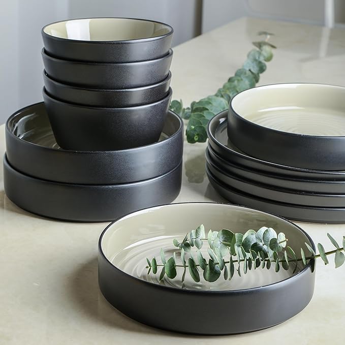 Stone Lain Elica 24-Piece Modern Dinnerware Set Stoneware, Plates and Bowl Sets for 8, Beige and Black
